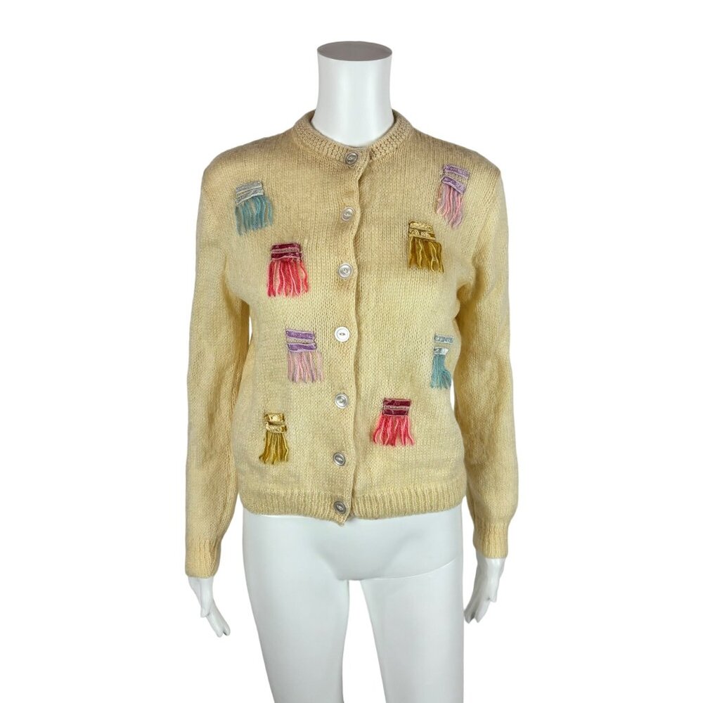 Vintage 60s Mohair Cardigan Women's Medium Pastel Yarn Details Wool Sweater - Picture 2 of 9